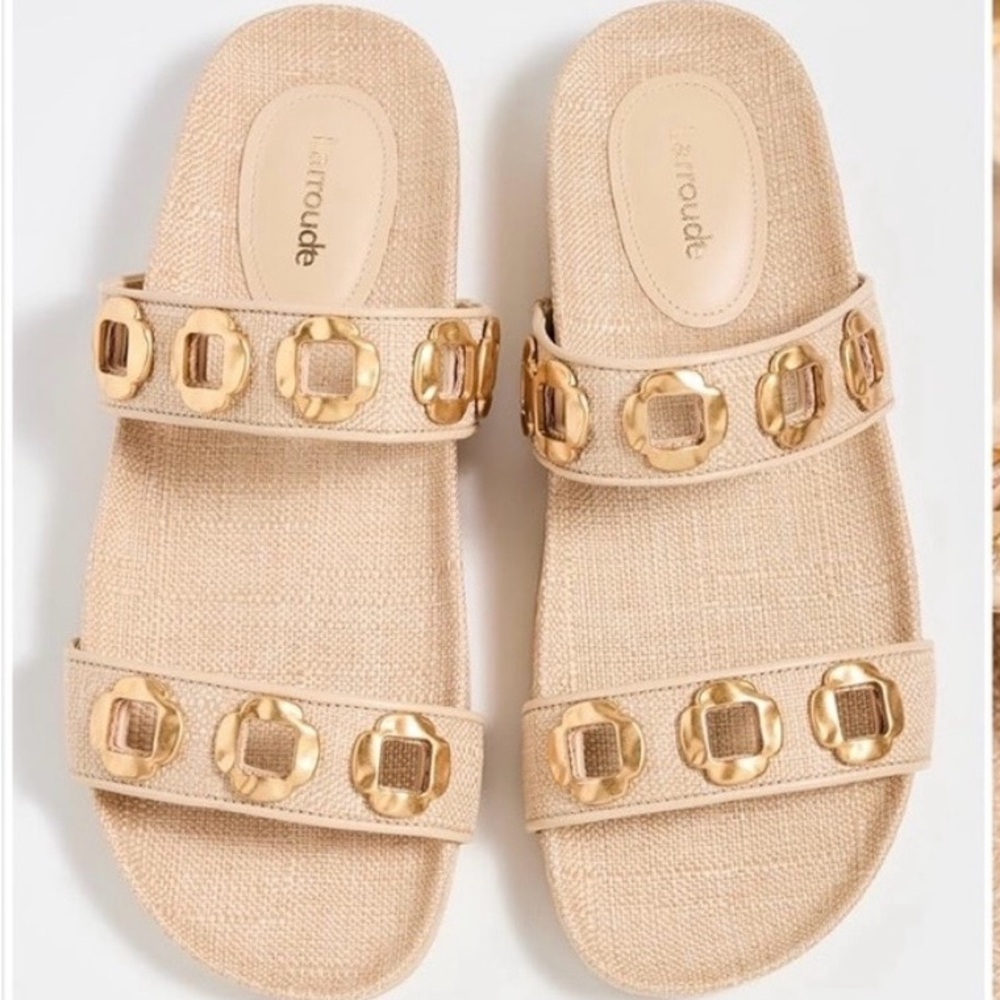 Larroude Tan and Gold Sandals